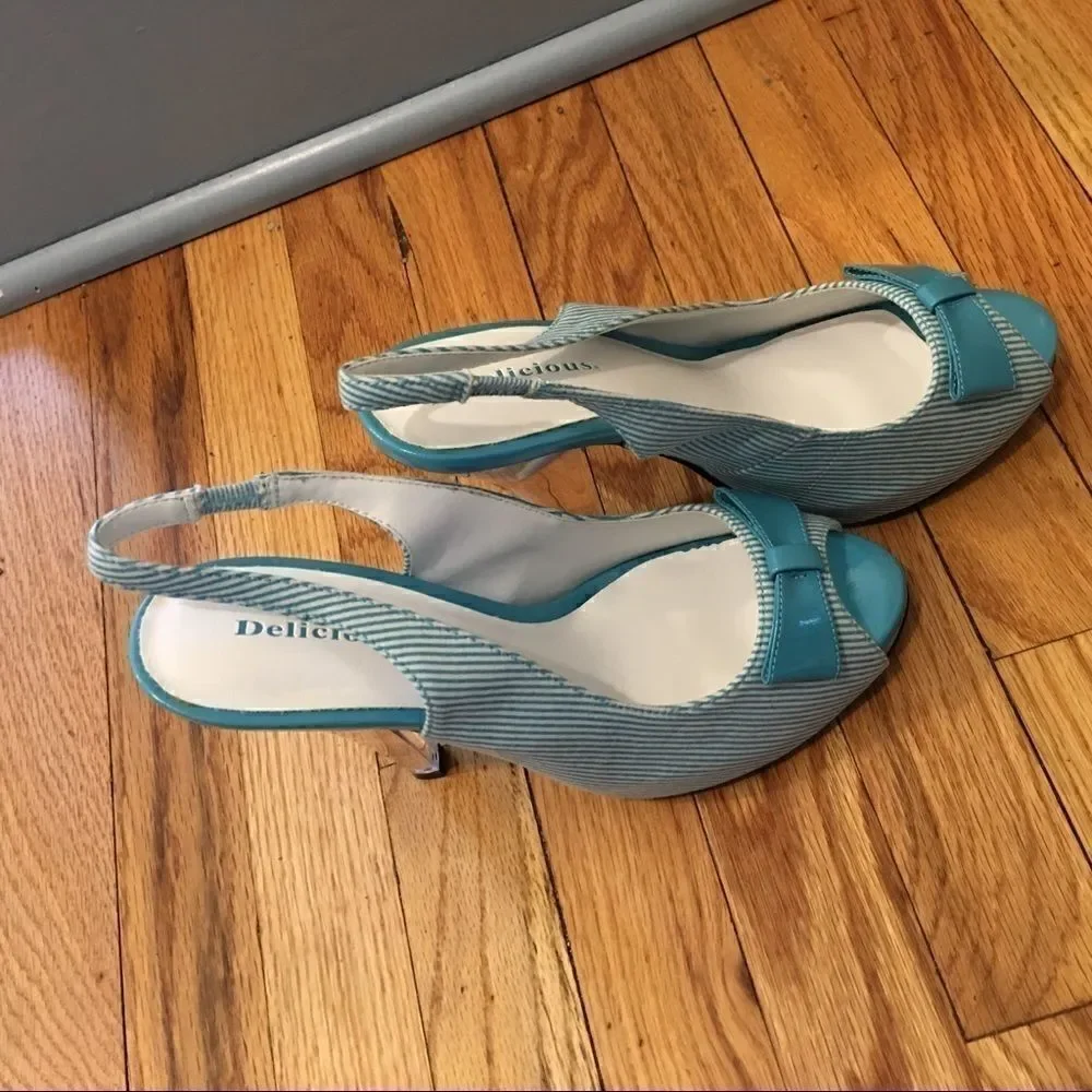 Turquoise white pin stripe slingback peeptoe heels